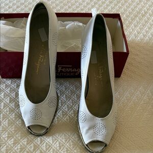 Salvatore Ferragamo White Perforated Peep-Toe Heels